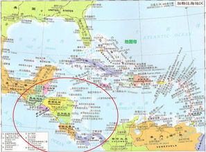 加勒比海在世界地图上的具体位置。最好圈出来的。急!